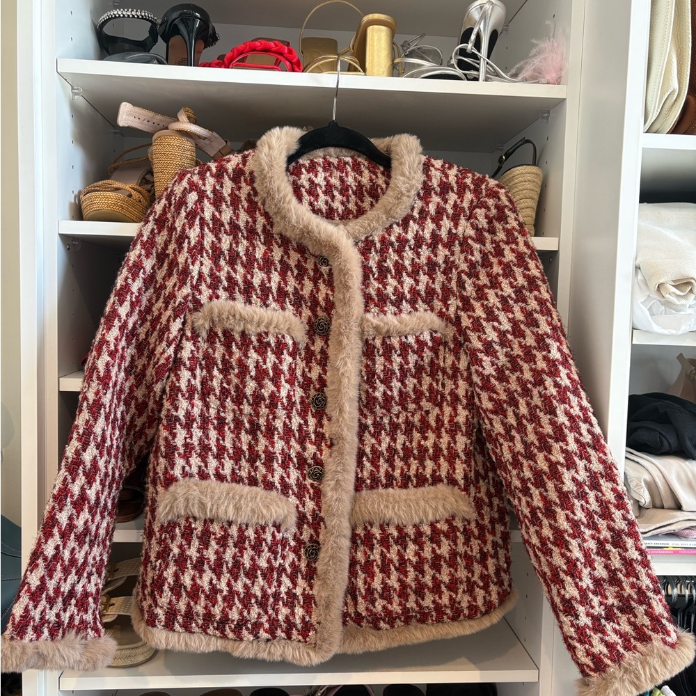 CHANEL like Red and Cream Houndstooth Blazer